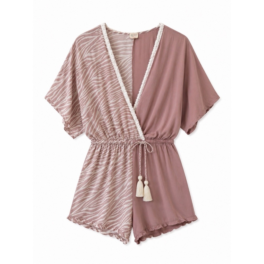Surf Gypsy Womens Romper M Mauve Zebra Print Colorblock Tassel Tie Waist